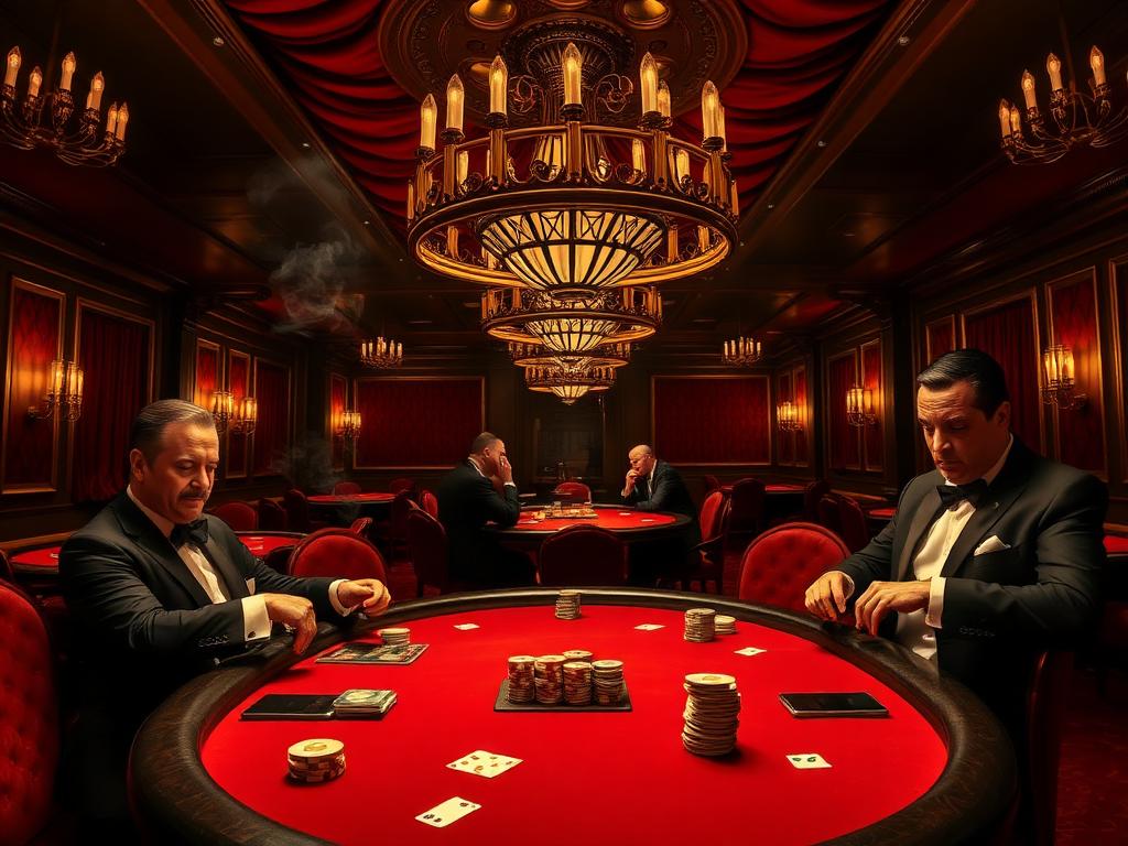 Underground casino with poker tables, roulette wheel and slot machines