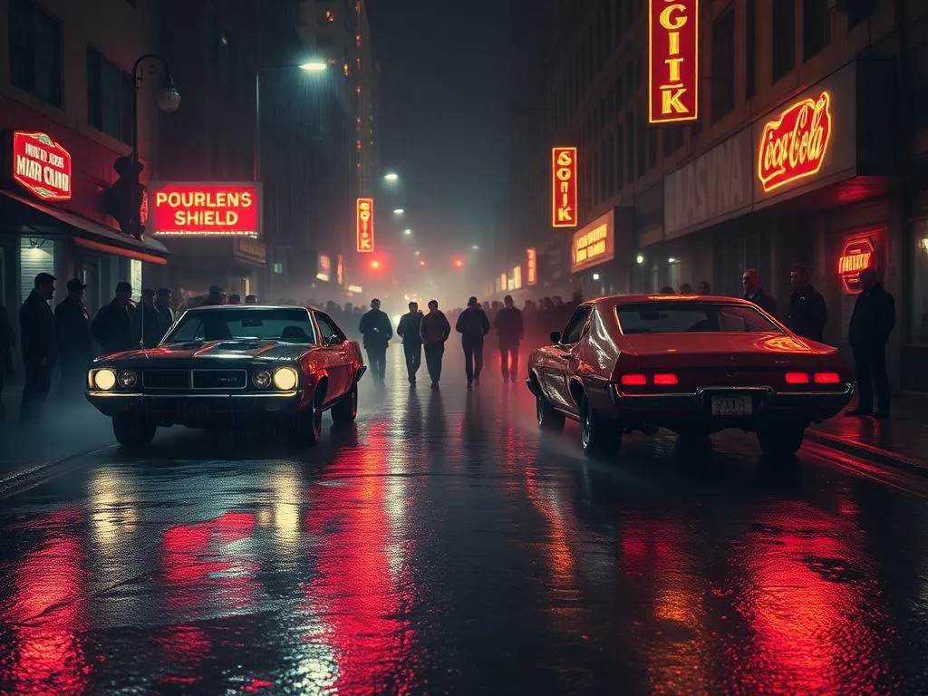 Two street racers drag racing at night on a city circuit